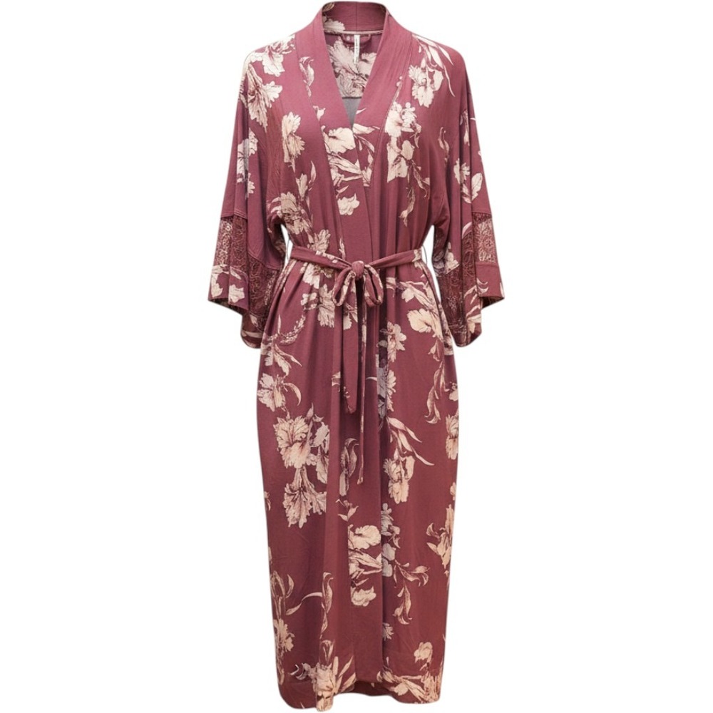 Soma Robe Womens S/M Burgundy Floral Cool Nights Lace Trim Kimono Loungewear